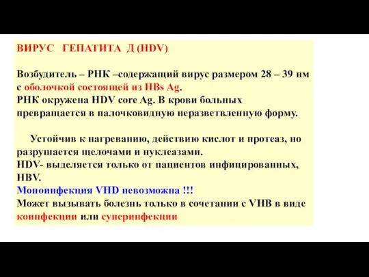 ВИРУС ГЕПАТИТА Д (HDV) Возбудитель – РНК –содержащий вирус размером 28 –