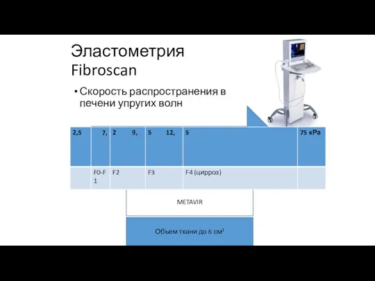 Эластометрия Fibroscan Скорость распространения в печени упругих волн METAVIR Объем ткани до 6 см3