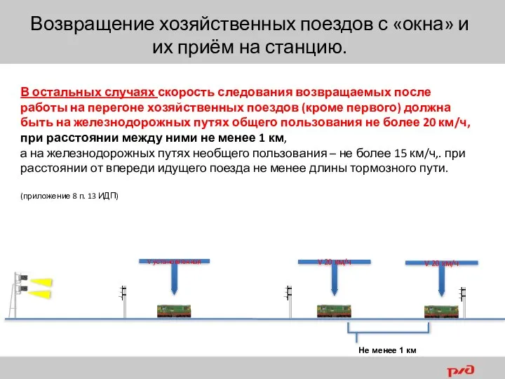 Возвращение хозяйственных поездов с «окна» и их приём на станцию. В остальных