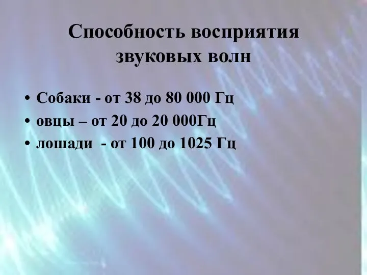 Способность восприятия звуковых волн Собаки - от 38 до 80 000 Гц