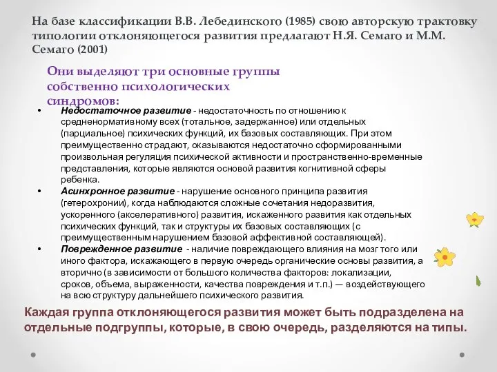 На базе классификации В.В. Лебединского (1985) свою авторскую трактовку типологии отклоняющегося развития