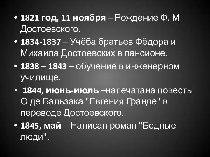 1821 год, 11 ноября – Рождение Ф. М. Достоевского. 1834-1837 – Учёба