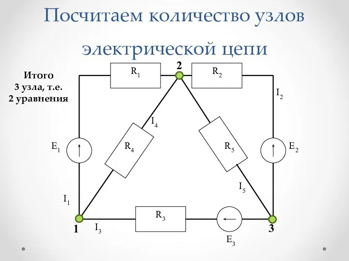 Посчитаем количество узлов электрической цепи 1 2 3 Итого 3 узла, т.е. 2 уравнения