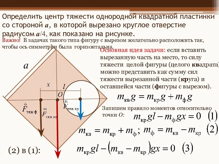 Определить центр тяжести однородной квадратной пластинки со стороной a, в которой вырезано