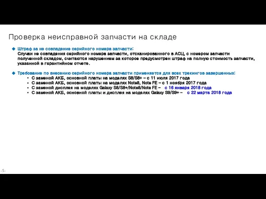 -- Проверка неисправной запчасти на складе Штраф за не совпадение серийного номера