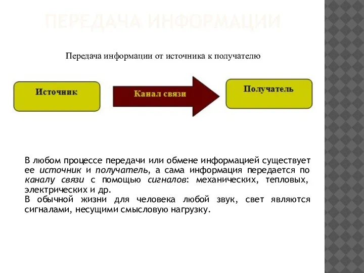 ПЕРЕДАЧА ИНФОРМАЦИИ Передача информации от источника к получателю В любом процессе передачи