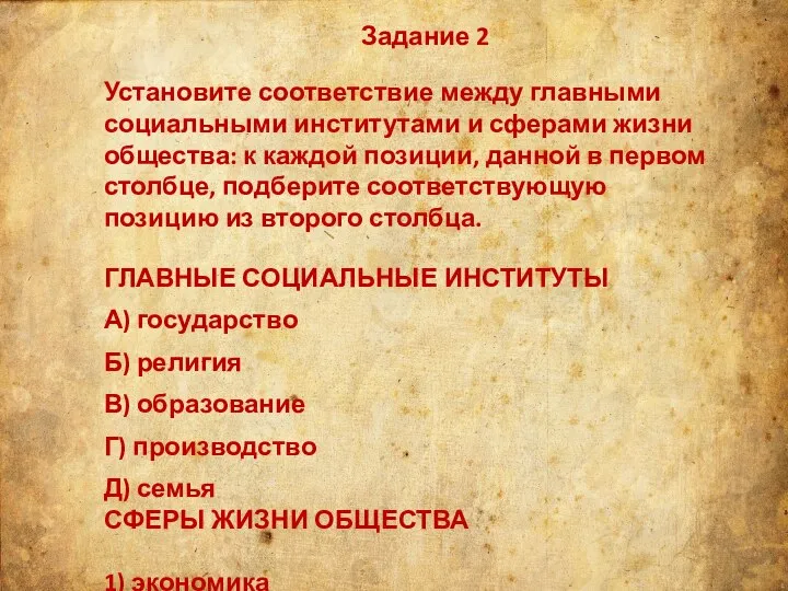 Задание 2 ГЛАВНЫЕ СОЦИАЛЬНЫЕ ИНСТИТУТЫ А) государство Б) религия В) образование Г)