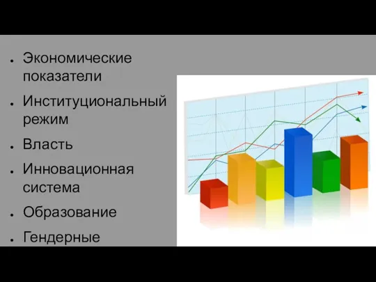 Экономические показатели Институциональный режим Власть Инновационная система Образование Гендерные показатели Информационно-коммуникационные технологии (ИКТ)