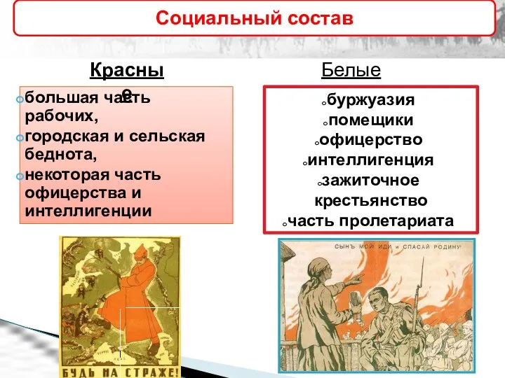 Социальный состав большая часть рабочих, городская и сельская беднота, некоторая часть офицерства