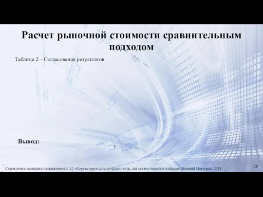 Расчет рыночной стоимости сравнительным подходом Вывод: Таблица 2 – Согласование результатов 28