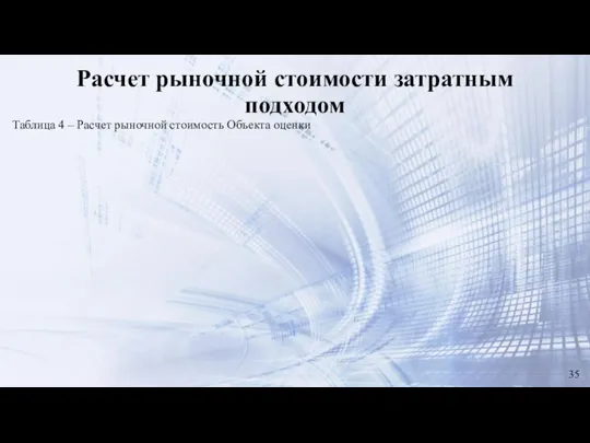 Расчет рыночной стоимости затратным подходом Таблица 4 – Расчет рыночной стоимость Объекта оценки 35