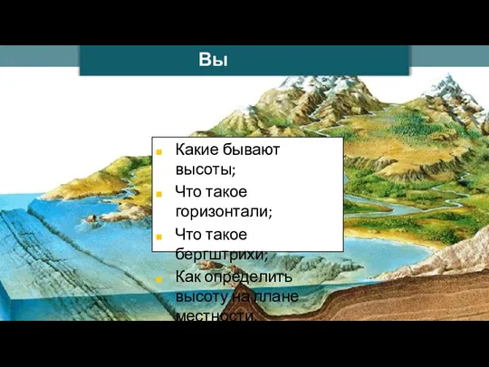 Какие бывают высоты; Что такое горизонтали; Что такое бергштрихи; Как определить высоту