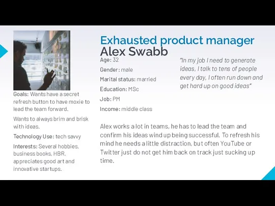 Exhausted product manager Alex Swabb “In my job I need to generate