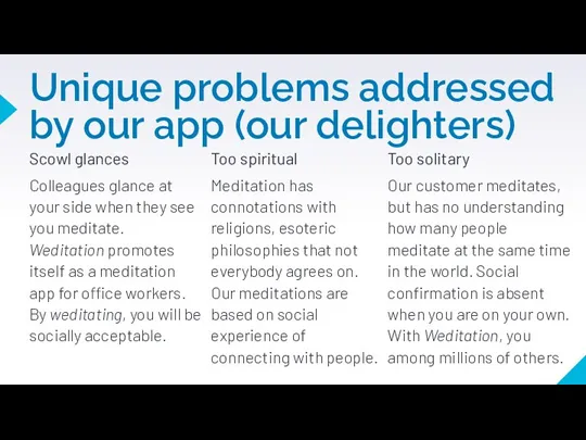 Unique problems addressed by our app (our delighters) Scowl glances Colleagues glance