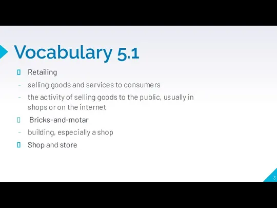 Vocabulary 5.1 Retailing selling goods and services to consumers the activity of