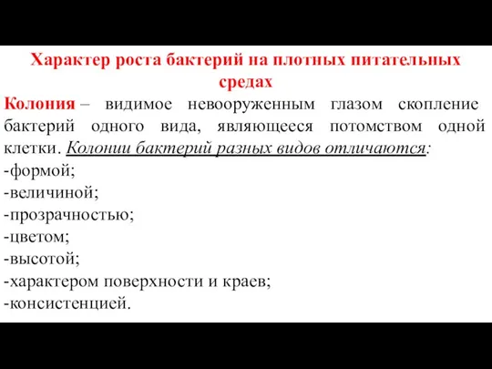 Характер роста бактерий на плотных питательных средах Колония – видимое невооруженным глазом