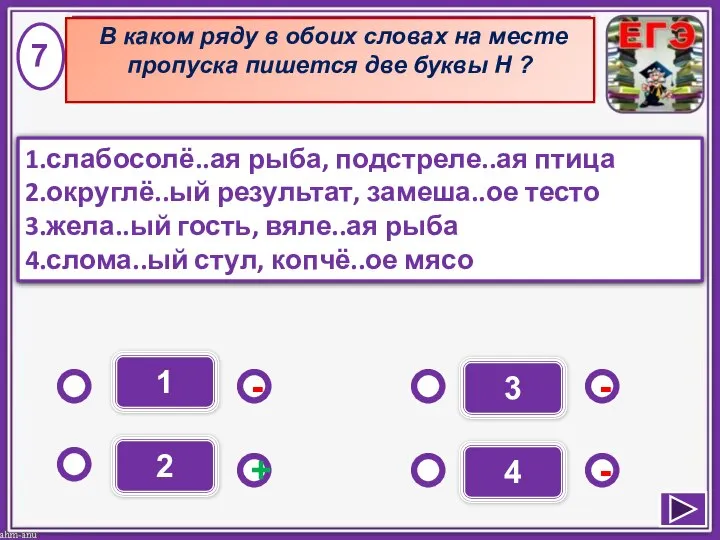 1 - - + - 2 3 4 1.слабосолё..ая рыба, подстреле..ая птица