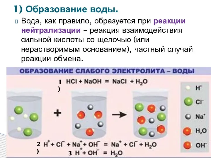 Вода, как правило, образуется при реакции нейтрализации – реакция взаимодействия сильной кислоты