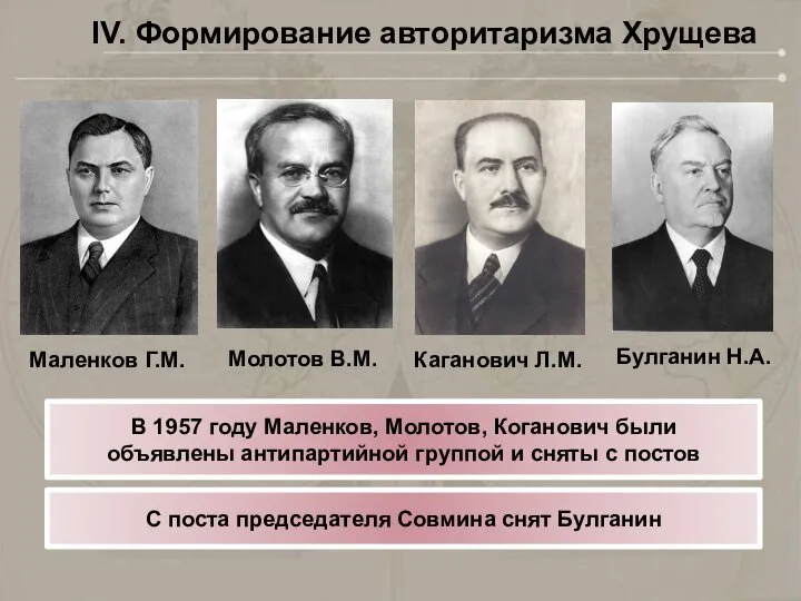 IV. Формирование авторитаризма Хрущева Маленков Г.М. Молотов В.М. Каганович Л.М. Булганин Н.А.