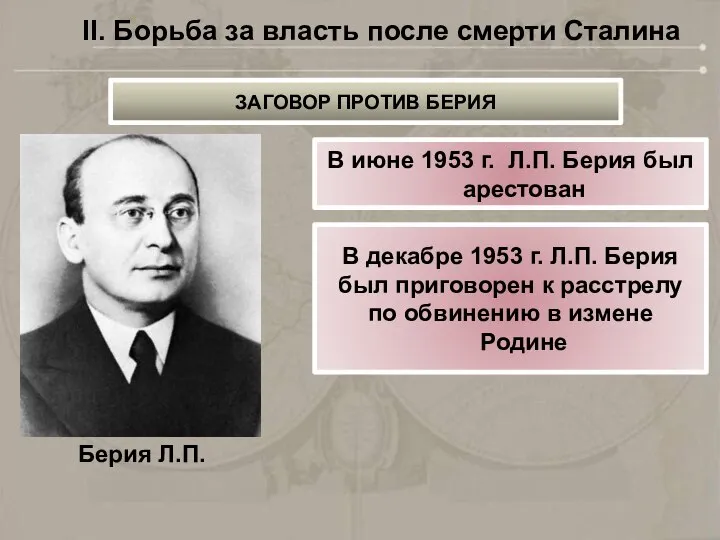 ЗАГОВОР ПРОТИВ БЕРИЯ II. Борьба за власть после смерти Сталина Берия Л.П.