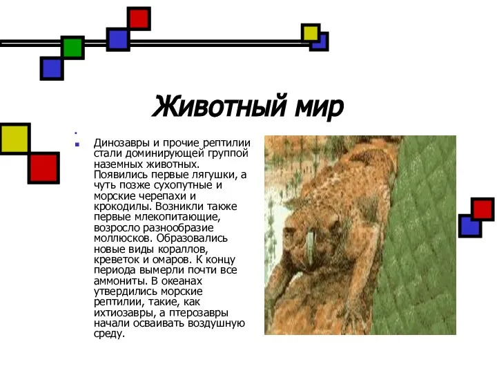 Животный мир Динозавры и прочие рептилии стали доминирующей группой наземных животных. Появились