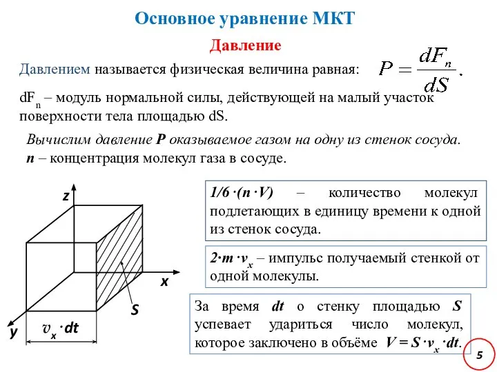 Давление 1/6⋅(n⋅V) – количество молекул подлетающих в единицу времени к одной из