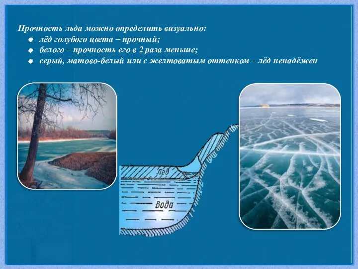 Прочность льда можно определить визуально: лёд голубого цвета – прочный; белого –