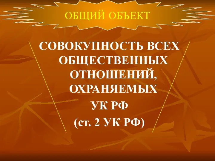 СОВОКУПНОСТЬ ВСЕХ ОБЩЕСТВЕННЫХ ОТНОШЕНИЙ, ОХРАНЯЕМЫХ УК РФ (ст. 2 УК РФ) ОБЩИЙ ОБЪЕКТ