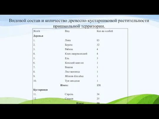 Видовой состав и количество древесно-кустарниковой растительности пришкольной территории.