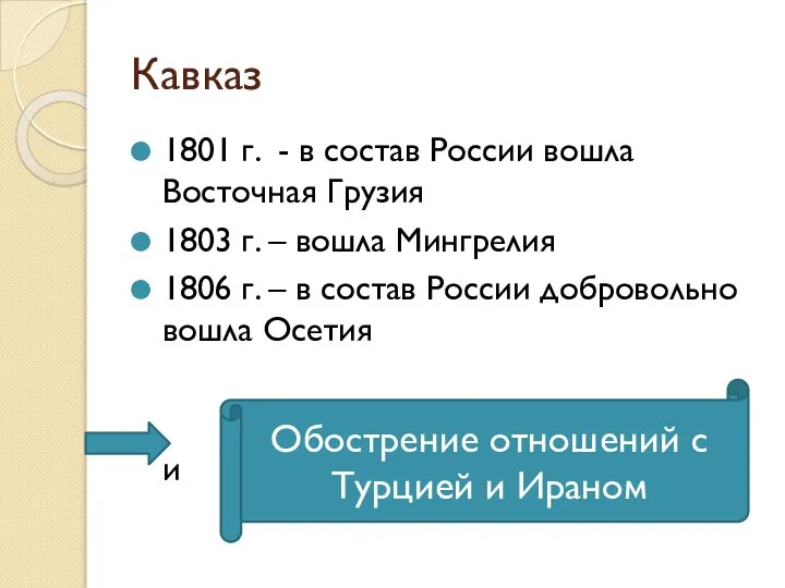 Кавказ 1801 г. - в состав России вошла Восточная Грузия 1803 г.