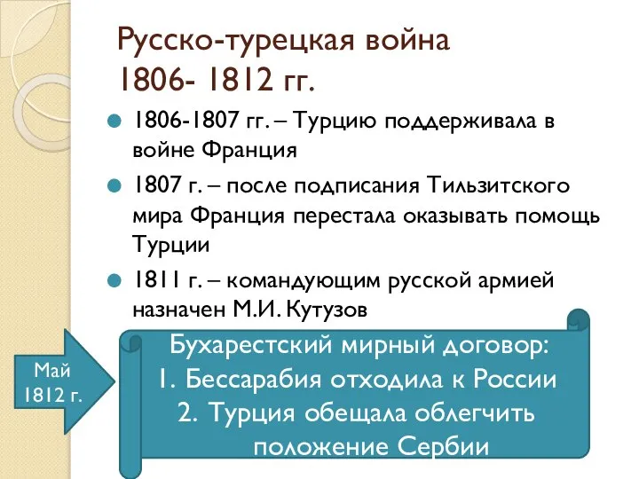 Русско-турецкая война 1806- 1812 гг. 1806-1807 гг. – Турцию поддерживала в войне