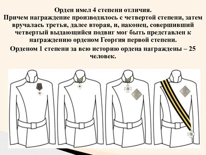 Орден имел 4 степени отличия. Причем награждение производилось с четвертой степени, затем