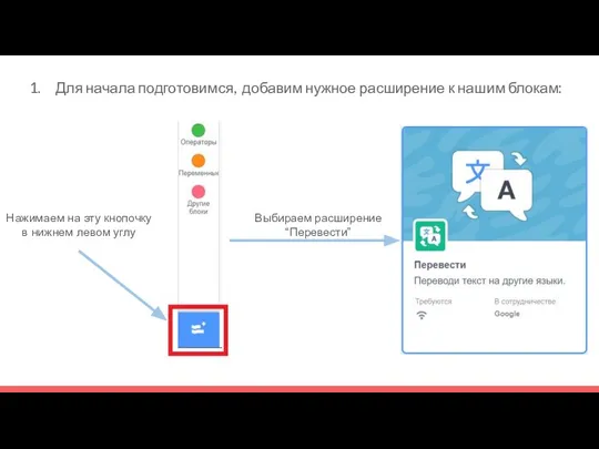 Для начала подготовимся, добавим нужное расширение к нашим блокам: Выбираем расширение “Перевести”