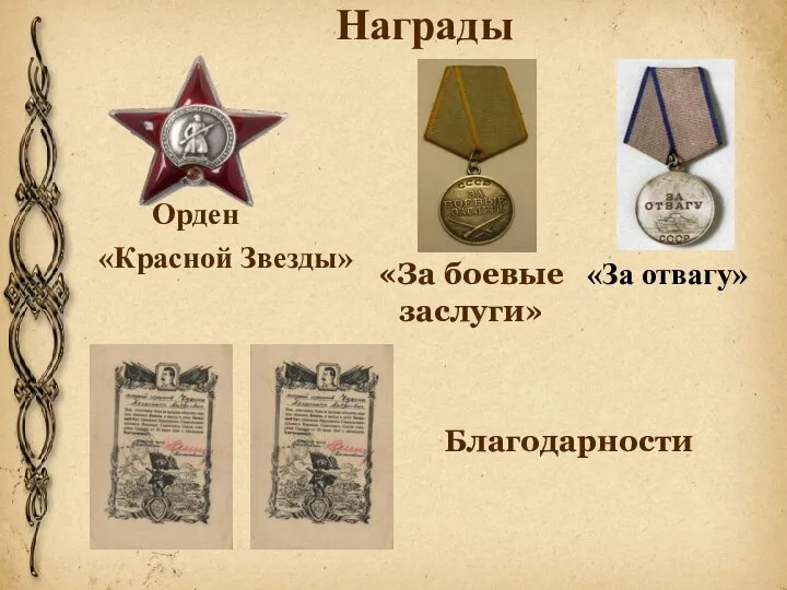 Награды Орден «Красной Звезды» «За боевые заслуги» «За отвагу» Благодарности