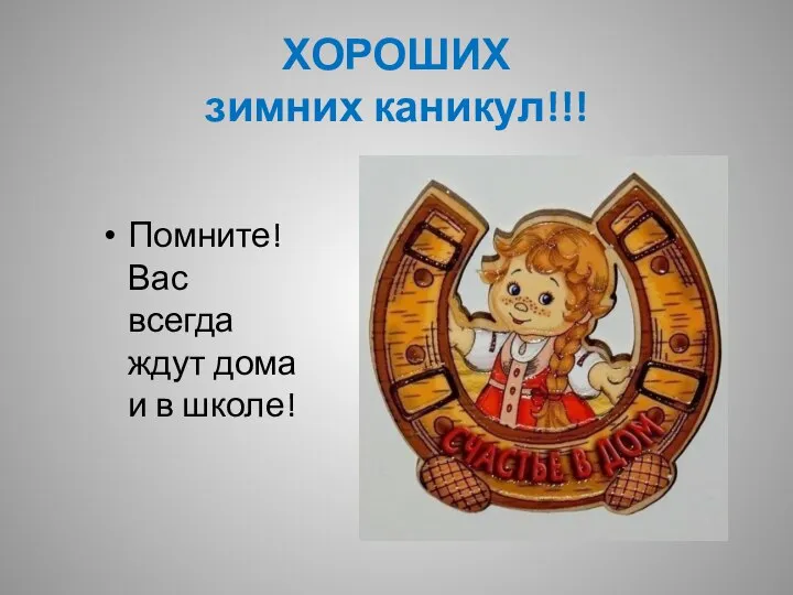 ХОРОШИХ зимних каникул!!! Помните! Вас всегда ждут дома и в школе!