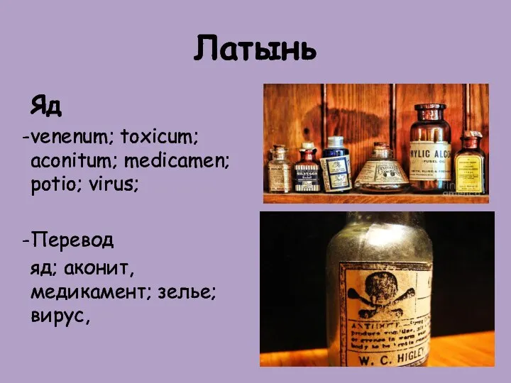 Латынь Яд venenum; toxicum; aconitum; medicamen; potio; virus; Перевод яд; аконит, медикамент; зелье; вирус,