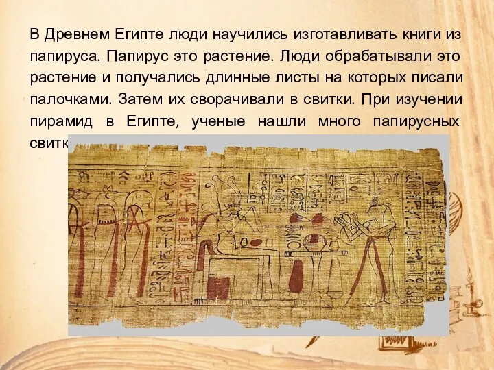 В Древнем Египте люди научились изготавливать книги из папируса. Папирус это растение.