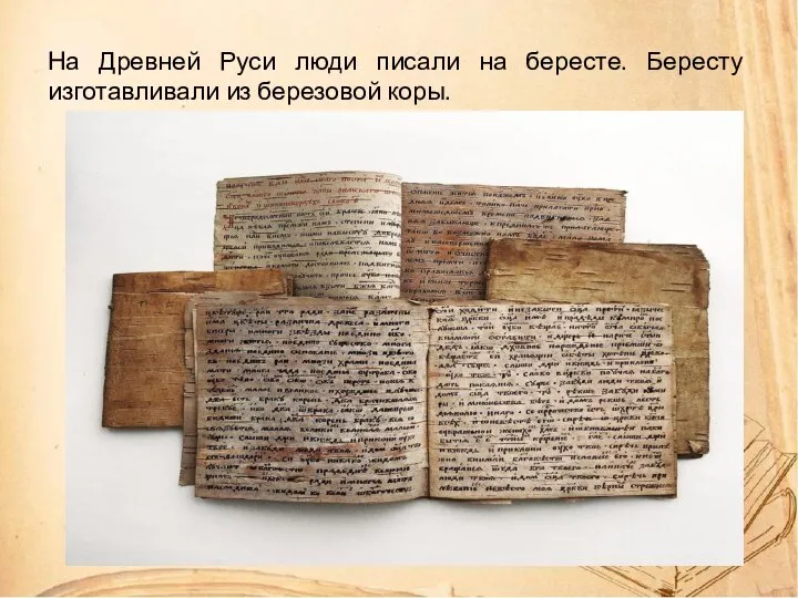 На Древней Руси люди писали на бересте. Бересту изготавливали из березовой коры.
