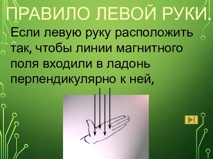 ПРАВИЛО ЛЕВОЙ РУКИ. Если левую руку расположить так, чтобы линии магнитного поля