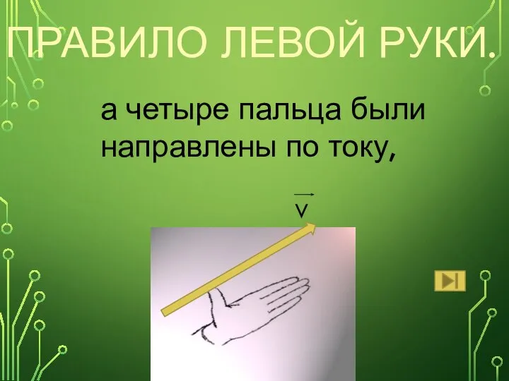 ПРАВИЛО ЛЕВОЙ РУКИ. а четыре пальца были направлены по току, V