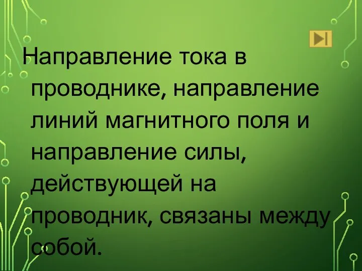 Направление тока в проводнике, направление линий магнитного поля и направление силы, действующей