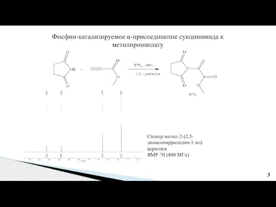Фосфин-катализируемое α-присоединение сукцинимида к метилпропиолату Спектр метил-2-(2,5-диоксопирролидин-1-ил)акрилата ЯМР 1Н (400 МГц)