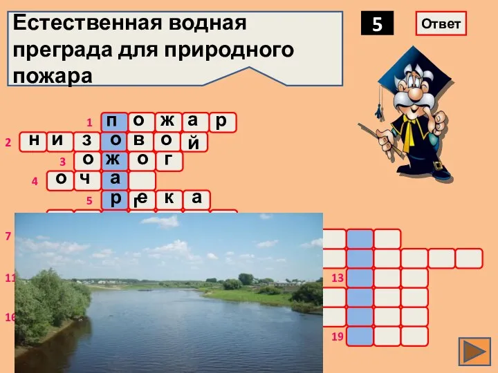 о ж а р Естественная водная преграда для природного пожара 5 Ответ