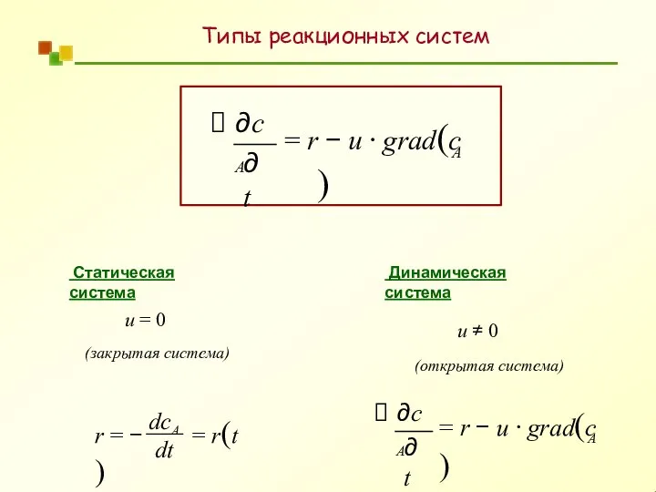 u = 0 (закрытая система) dt r = − dcA = r(t