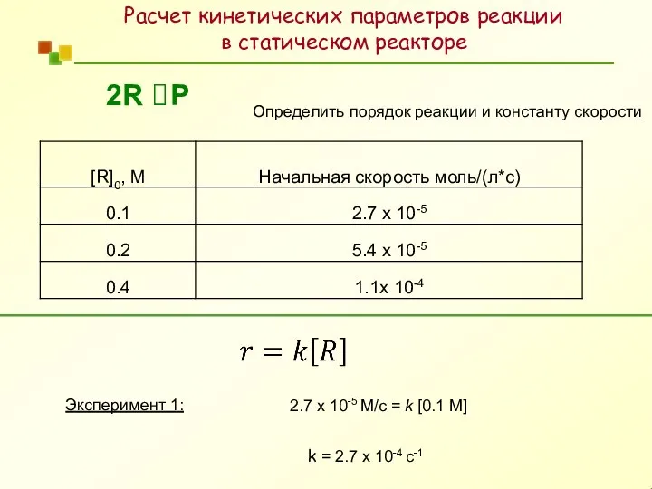 Расчет кинетических параметров реакции в статическом реакторе 2R ? P Определить порядок