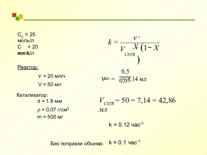 С0 = 25 моль/л С = 20 моль/л n = 1 Реактор: