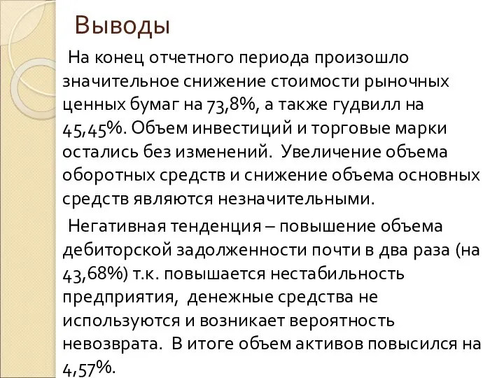 Выводы На конец отчетного периода произошло значительное снижение стоимости рыночных ценных бумаг