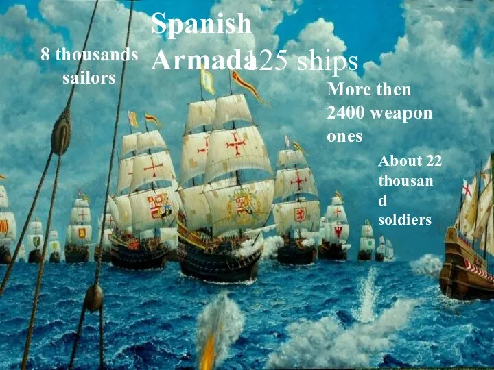 125 ships More then 2400 weapon ones 8 thousands sailors About 22 thousand soldiers Spanish Armada