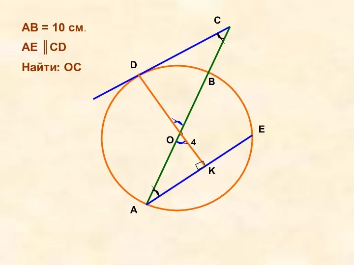 O D C A B E K 4 AB = 10 см. AE ║CD Найти: OC