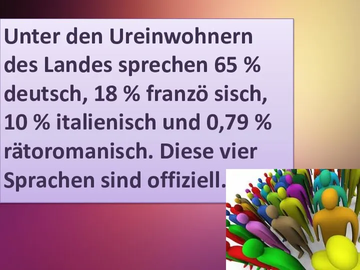 Unter den Ureinwohnern des Landes sprechen 65 % deutsch, 18 % fran­zö­
